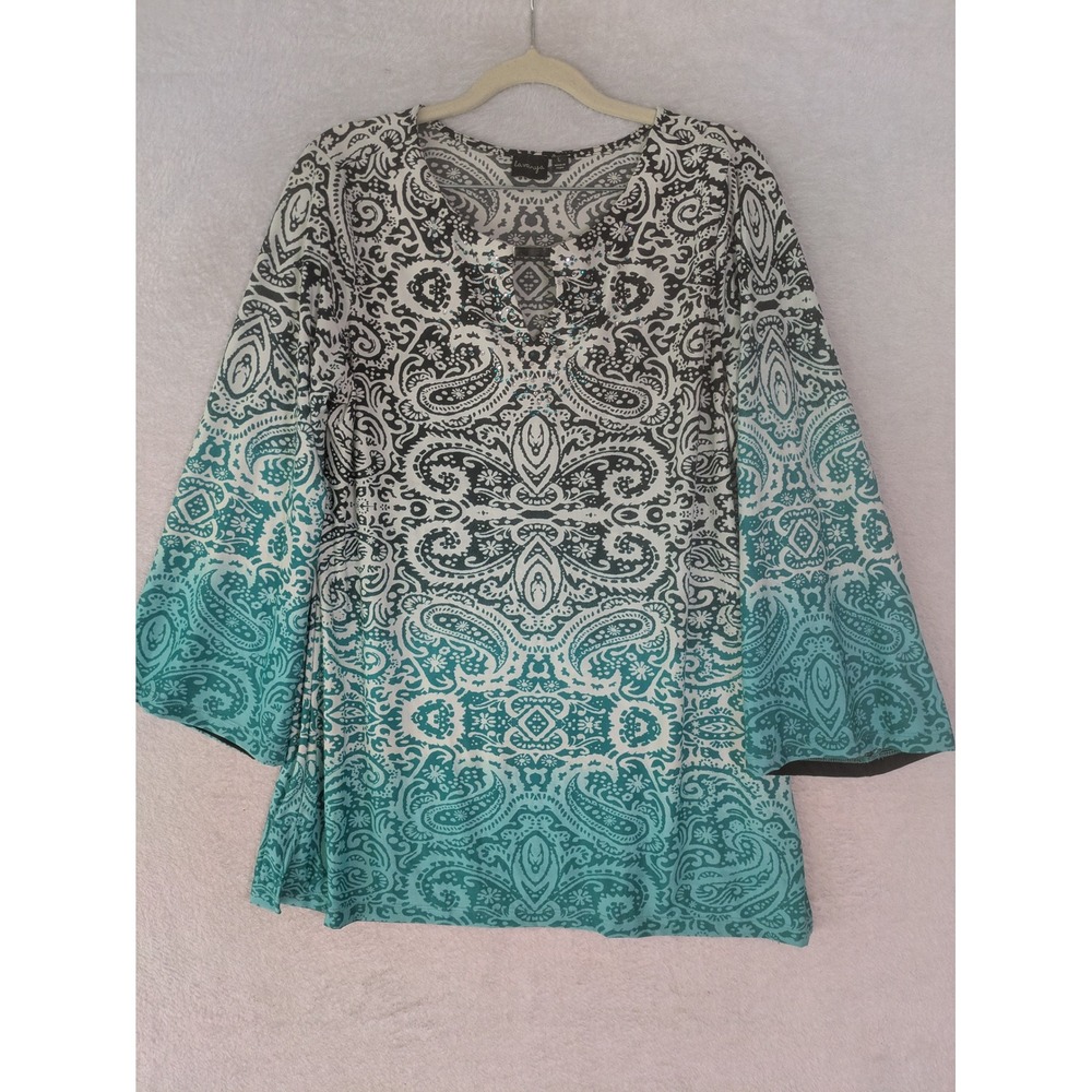 Lavanya Tunic Top Women's Large Teal Paisley Ombre Rhinestone Bell Sleeve Boho